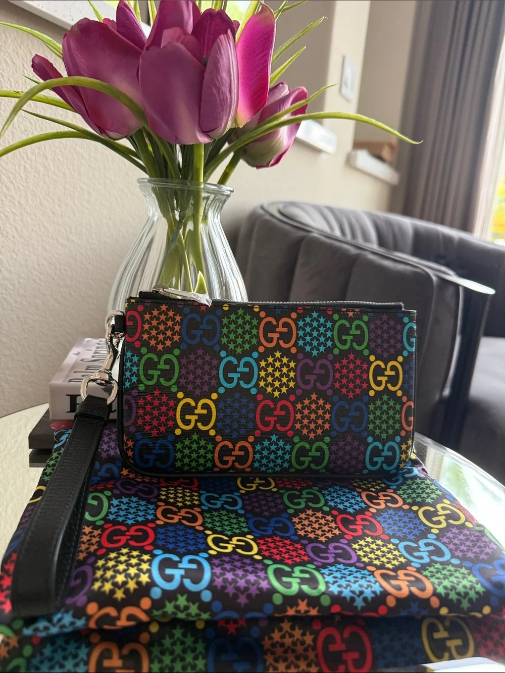 NWT Gucci Psychedelic Rainbow GG Wristlet Clutch - Black